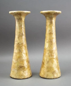 Capiz Shell Matching Pair Of Vintage Hand Crafted Tall Candle Holders  - Picture 1 of 6