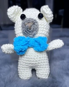 Handmade Crochet Teddy Bear White Blue Bow Plushy - Picture 1 of 5
