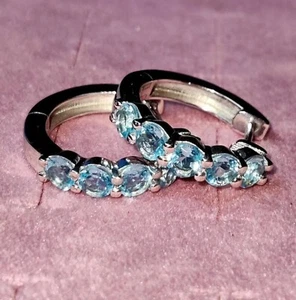 2Ct Round Cut Lab Created Aquamarine Huggie Hoop Earrings 14K White Gold Plated - Picture 1 of 10