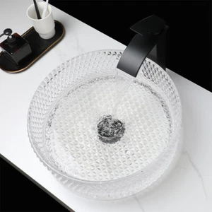 16" Black Bathroom White Round Crystal Glass Basin Vessel Sink Faucet Tap Combo - Bild 1 von 15