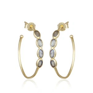 Labradorite Gemstone Yellow Gold Plated 925 Silver Hoop Earrings Jewelry - Picture 1 of 3