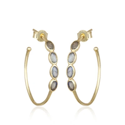Labradorite Gemstone Yellow Gold Plated 925 Silver Hoop Earrings Jewelry - Image 1 of 3