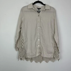 John Mark Beige Linen Button Down Shirt Crochet Lace Details Size Medium - Picture 1 of 8