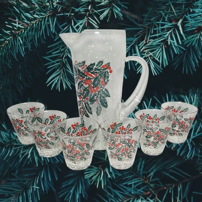 Jarro e 6 copos 1960s West Virginia Glass Specialty Snowy Holly Xmas Martini - Imagem 1 de 4