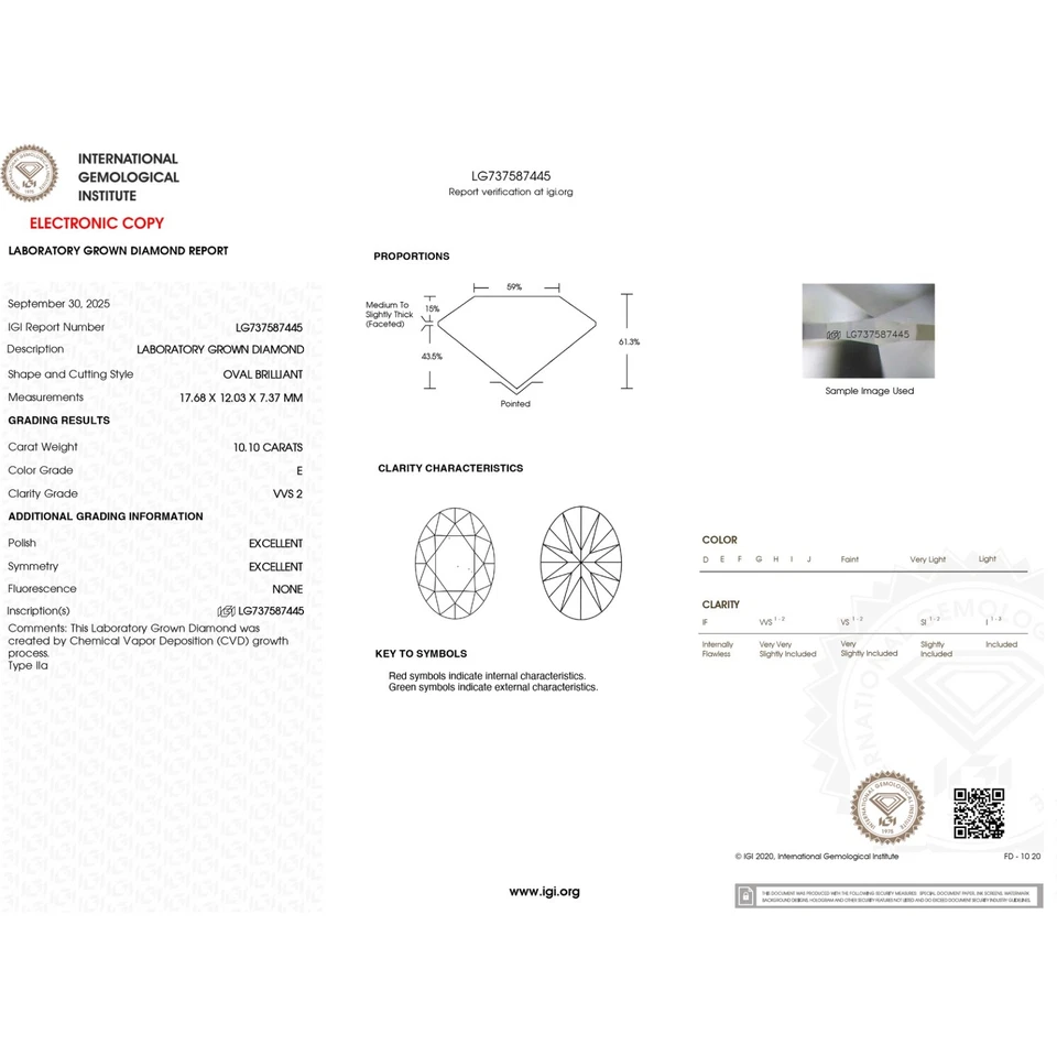 IGI Certified Lab Grown Diamond 10.10CT Oval Cut E Color VVS2 Clarity - Image 1 of 1