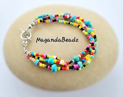 Artisan Boho Howlite Turquoise & Multi Colour Seed Beads Bracelet (7.5") - Image 1 of 4