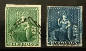 Used Barbados Sc#5 and SC#6  1855-58 Imperforate Unwatermarked White Paper - Picture 1 of 4
