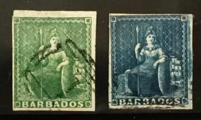 Used Barbados Sc#5 and SC#6  1855-58 Imperforate Unwatermarked White Paper - Image 1 of 4