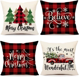 Büffel Karo Weihnachten Kissenbezüge 18x18 4er Set Rot Schwarz Landhaus Weihnachten - Bild 1 von 12