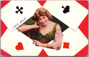 Vintage 1910s PLAYING CARDS / Romance Postcard "ACE HIGH" Pretty Girl / Unused - Picture 1 of 2