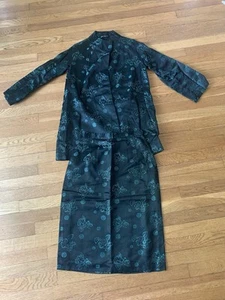Handmade 2pc Black Jacket Skirt Set David Wong 70s 80s VTG Satin Brocade Fu Rose - Picture 1 of 23