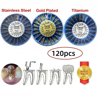 120 piezas/Kit dental de acero inoxidable/titanio/oro enchapado en poste de tornillo para conducto radicular Foto 1 de 4