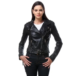BLACK LEATHER JACKET WITH ZIPPER POCKET ADJUSTABLE WAIST BELT FOR LADIES - Picture 1 of 6