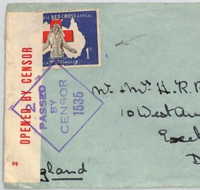 AUSTRALIA WW2 Cover RED CROSS Charity 1d NURSE/MAP Label Tied Censor Exeter RC17 - Image 1 of 4
