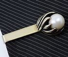Vintage Tie Clip Bar Large Faux Pearl White Goldtone Chunky