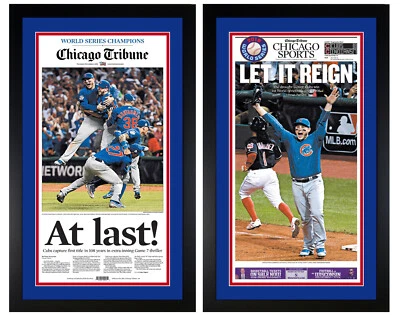 ¡Impresiones de periódicos de campeones de la Serie Mundial de los Chicago Cubs 2016 enmarañadas y enmarcadas! Foto 1 de 3