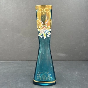 Vintage Türkis Glas Knospe Blumen Vase Japan 3D Handbemalt Gold Vergoldet Dekor - Bild 1 von 9