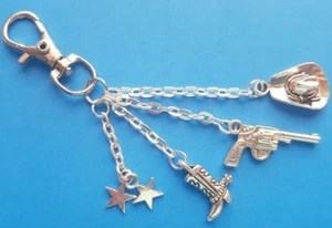 Cowboy∞Western Themed Keyring with Hat~Gun~Boot and Star Charms~Gift Wrapped - Picture 1 of 4