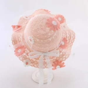 Baby Girls Straw Hat Floppy Wide Brim Sun Hat Lace Embroidered Beach Travel Cap - Picture 1 of 14