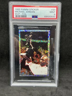 Pegatina Panini 1992 #20 Michael Jordan MVP lámina PSA 9 como nueva Chicago Bulls Foto 1 de 2