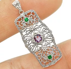 Natural Amethyst & Emerald 925 Sterling Silver Pendant Y3869 - Picture 1 of 1