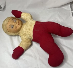 Vintage Rubber Face Sleeping Baby Plush Red White Christmas Stuffed Toy - Picture 1 of 10