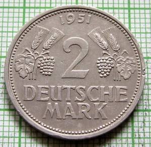 GERMANY POST-WWII FEDERAL REPUBLIC 1951 D 2 DEUTSCHE MARK km# 111 one year type - Picture 1 of 6