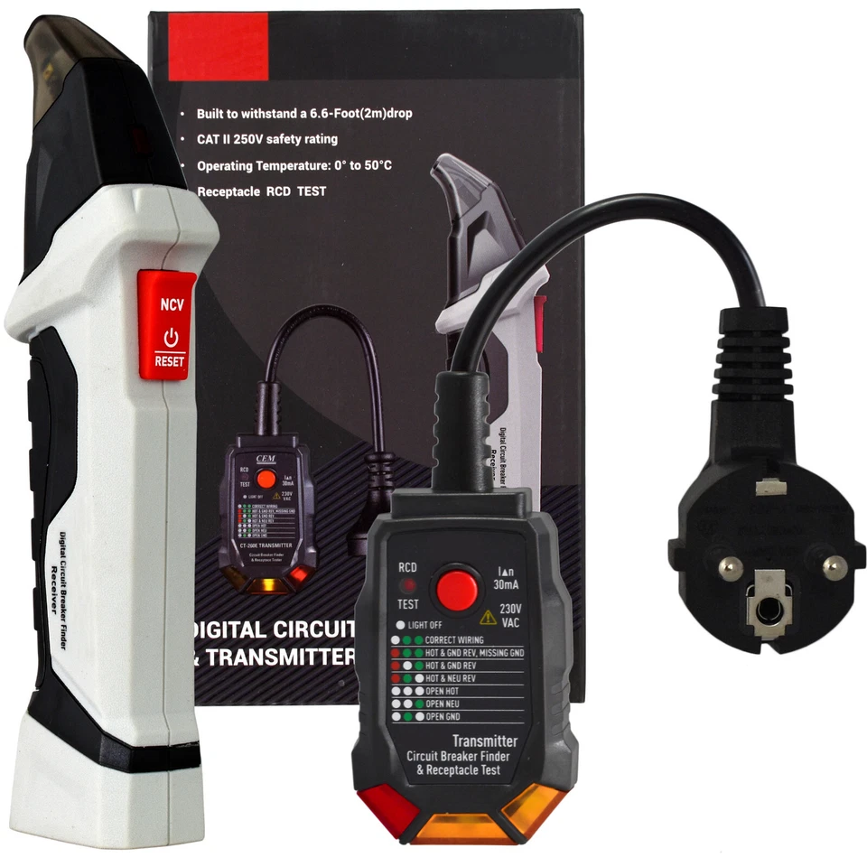 Sicherungsfinder SENDER & EMPFÄNGER Berührungsloser Phasenprüfer mit RCD TEST - Bild 1 von 3
