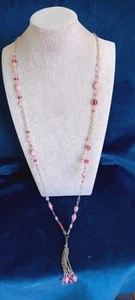 Long Pink Rose Glass Beaded Necklace Belt ? Silver Tone Jewellery #A650 - Picture 1 of 7