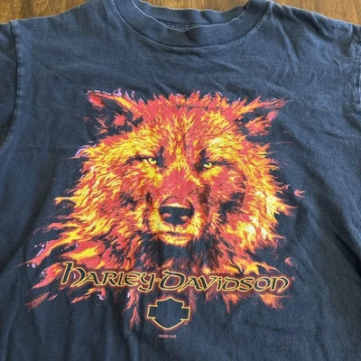 Harley Davidson Motorcycles Vintage 90s Flames Lone Wolf T Shirt Men's Medium - Image 1 of 4