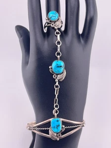 Navajo Sterling Silver Natural Turquoise Stones Slave Hand Bracelet Ring Sz 6.5 - Picture 1 of 22