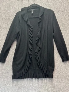 Only Mine 100% Merino Wool Ruffle Open Front Cardigan Sweater Women’s L Black - Picture 1 of 6