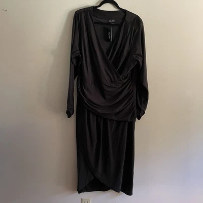 City Chic Women L US 20 Black Draped Ruched Long Sleeve Marissa Midi Dress NWT - Image 1 of 4