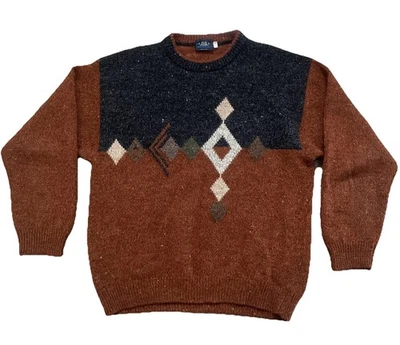 Vintage Montechiaro Sweater Men XL 50 Brown Wool Knit Diamond Made In Italy 90s - Image 1 of 4