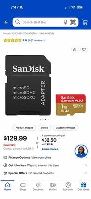 SanDisk 1TB Extreme microSDXC UHS-I U3 Memory Card & Adapter SDSQXA1-1T00-GN6MA - Image 1 of 2
