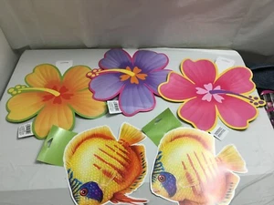 NUEVAS DECORACIONES DE PARED LUAU FIESTA 2 LADOS FLORES DE HIBISCO PECES TROPICALES RECORTADOS - Imagen 1 de 3