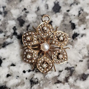 OLD 14K 585 SOLID YELLOW GOLD 5 GRAMS CULTURED PEARL FLORAL PIN BROOCH - Picture 1 of 4
