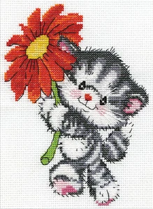 Counted Cross Stitch Kit ~ Design Works Red Daisy Cat / Kitten #DW3458 - Picture 1 of 6