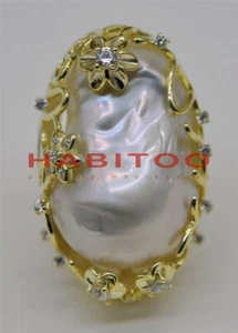 Huge 32mm White Baroque Keshi Pearl gold-plating CZ Ring - Picture 1 of 3
