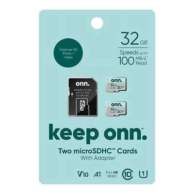 ONN. 32GB Class 10 U1 MicroSDHC Flash Memory Card 2-Pack. 100MB/s Read Speeds! - Image 1 of 4