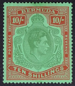 BERMUDA SG119a 1939 10/- Bluish Green & Deep Red /Green, P14, Mounted Mint - Picture 1 of 2