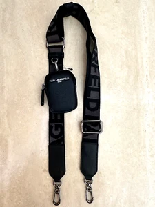 KARL LAGERFELD PARIS Black Leather LOGO Shoulder Bag Strap Gunmetal Black Pouch - Picture 1 of 5