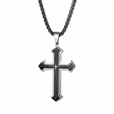Collar Cadena Colgante Cruz Oración del Señor Inglés Biblia Acero Inoxidable Hombres 22" Foto 1 de 4