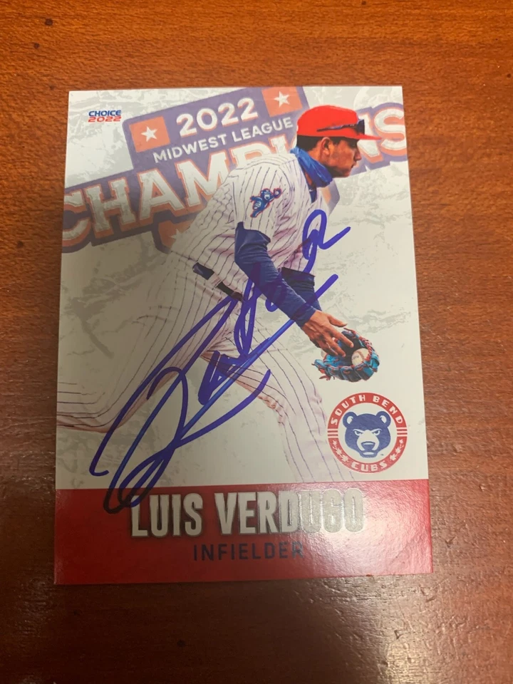 Luis Verdugo 2022 South Bend Cubs CHAMPIONS Team Set Card #2 Signed Autograph - Image 1 of 1