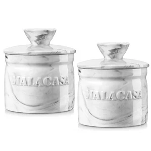 MALACASA 2x Marmorgrau Französische Butterdose + Deckel Porzellan Butterbehälter - Bild 1 von 12