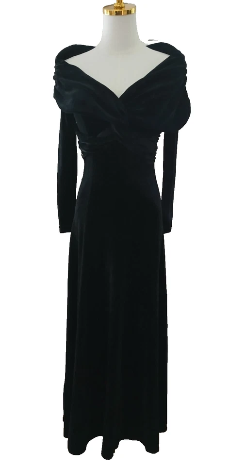 Moda International Vintage Long Black Velvet Dress Off the Shoulder Long Sleeves - Image 1 of 4