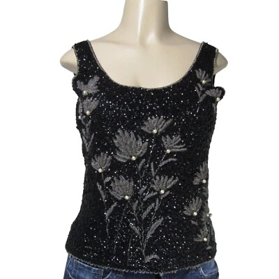 VTG 60s Hand Beaded M Floral Mod Glam Cocktail Party Wool MCM Shell Top Black - Image 1 of 4