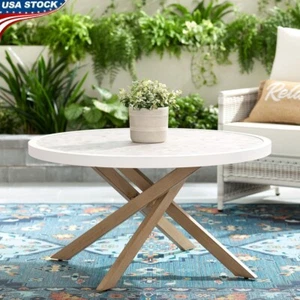 Weather-Resistant Round Outdoor Coffee Table Steel Tile Top Patio Deck Furniture - Picture 1 of 6