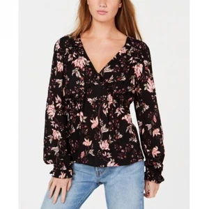 American Rag Juniors Printed Ruffled V Neck Top - Black - Size XS *NEW* - Picture 1 of 2