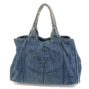 PRADA Canapa Tote Bag M Size Indigo Blue Denim Canvas Authentic #330 - Picture 1 of 12